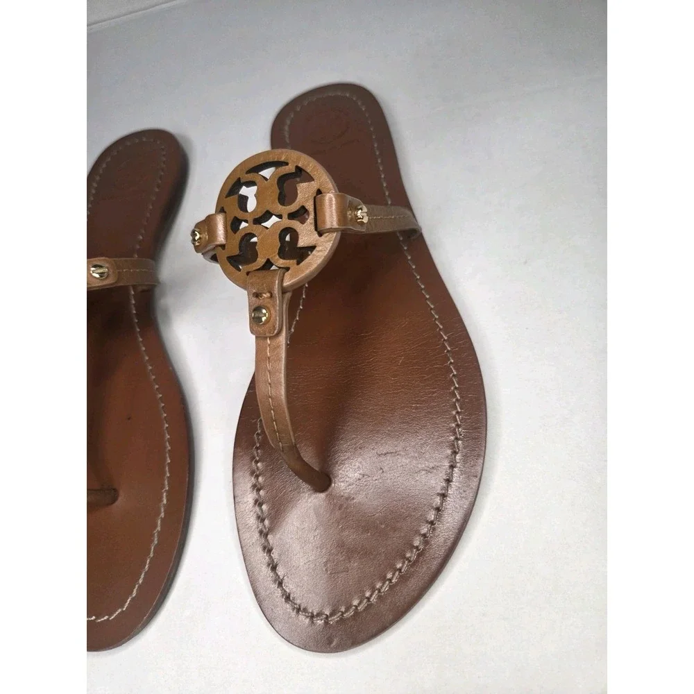 Tory Burch Miller Leather Thong Sandals Tan Brown Double T Logo Flat Women's 7.5
